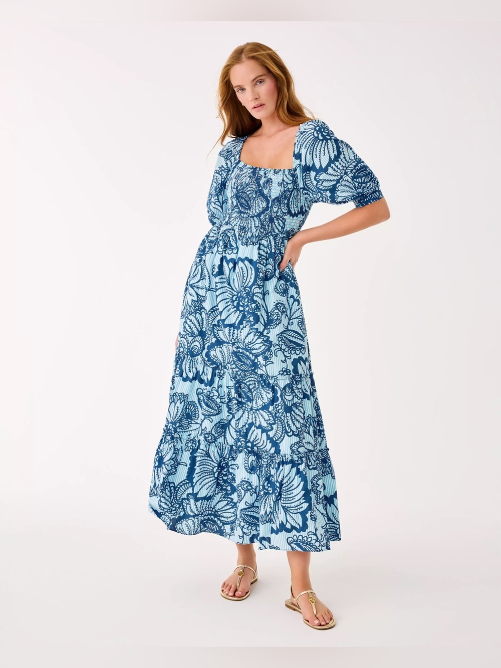 Lilly Pulitzer Hadley Smocked Square-Neck Maxi Dress M